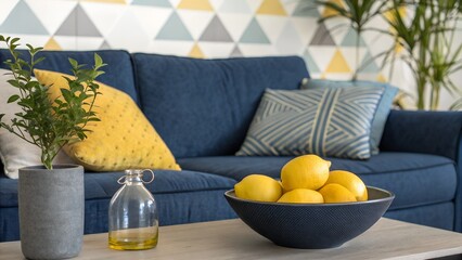 Still life with lemons on a coffee table in a living room setting