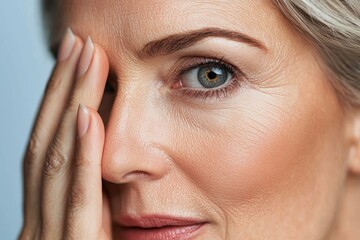 Sensual Close-Up Portrait of Woman's Eye and Skin Texture with Soft Hand Frame on Blue Background - Serene Beauty Photography Concept