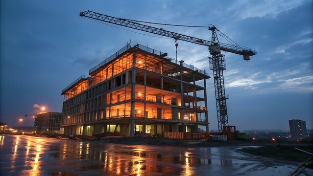 Construction site at dusk with crane and building under construction