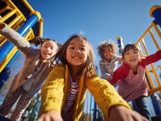 A joyful, low-angle shot of a diverse group of happy young girls playing on a colorful playground. Friends having fun together outdoors on a bright, sunny day, celebrating childhood