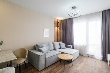 Cozy living room with a gray sofa, wooden floors, and a modern light fixture. Natural light floods the space, complementing the neutral color palette
