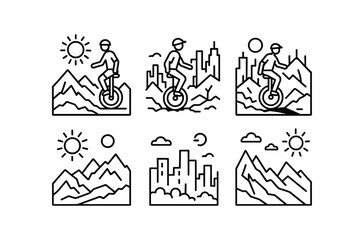 vector outline icons mountain unicycling (sunset ride): orange glow long shadows rugged terrain relaxed stance skyline cool air.