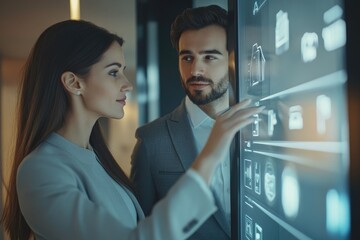Business colleagues collaborate on a large interactive touchscreen display, reviewing data and insights.