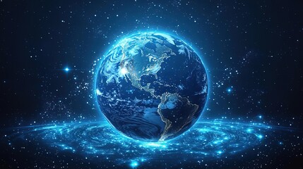 Fototapeta premium Glowing Earth Surrounded by Starry Space and Energy Rings 