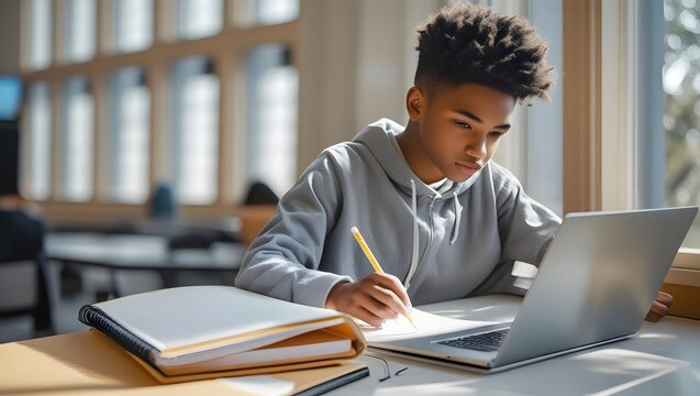 Focused Learning: A young individual, diligently engrossed in his studies, combining the utilization of a laptop with traditional writing, highlighting the synergy of technology and education.