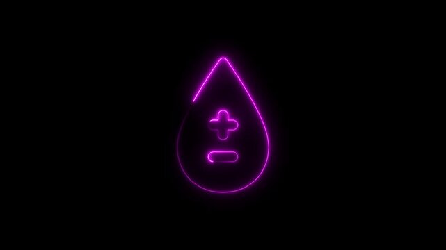 Glowing neon blood drop with plus minus symbols on black background