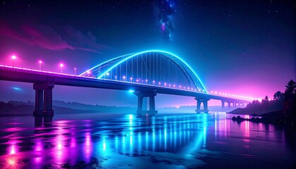 Obraz premium Neon-Lit Bridge Over Water at Night.