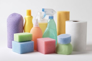 Assorted cleaning supplies in various colors.  Colorful sponges, bottles, and paper towels.  Household cleaning products on white background