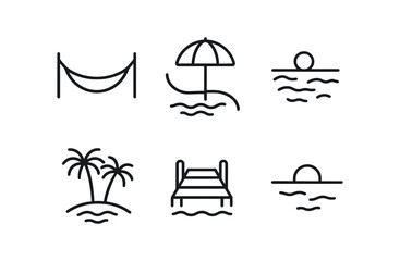 vector outline icons mindfulness (travel): hammock beach shade quiet river palm trees empty dock horizon.