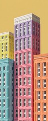 Colorful city buildings, a stylized digital illustration of multiple apartment buildings in various pastel shades against a pale yellow background. 