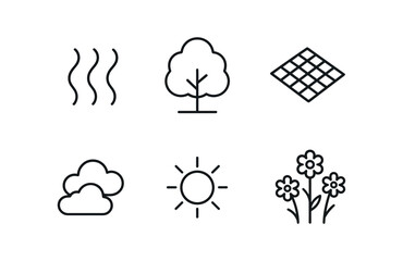 vector outline icons mild season (summer): warm air leafy trees picnic blanket light clouds soft sun wildflowers.