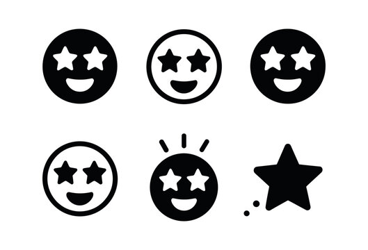 vector solid black filled icons amazement (star eyes): star eyes face outline shadow smear highlight rim light rays motion dots.