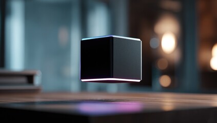 Floating black cube, illuminated by vibrant neon light, hovering above a wooden surface in a dimly lit room