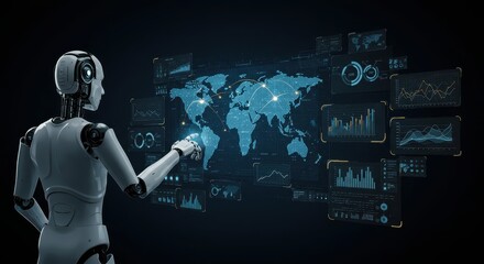 Advanced humanoid robot interacting with futuristic digital interface