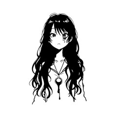 Monochrome manga girl illustration with flowing hair and pendant design for diverse creative needs