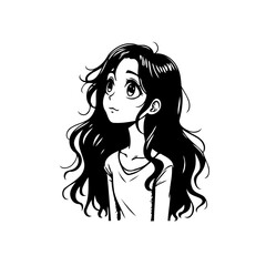 Monochrome manga portrait of a young woman with voluminous hair looking upwards in contemplation