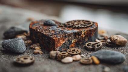 A rusted heart-shaped object, adorned with intricate metal gears, sits amidst a collection of stones
