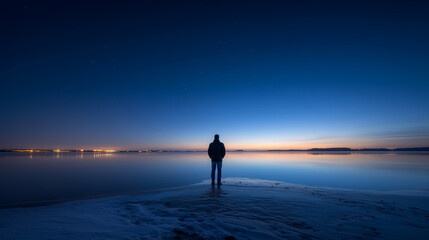 Man standing alone facing frozen lake at blue hour winter horizon