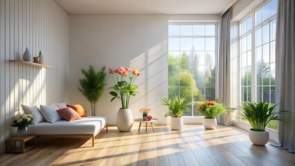Fototapeta premium Bright living room with plants and large window