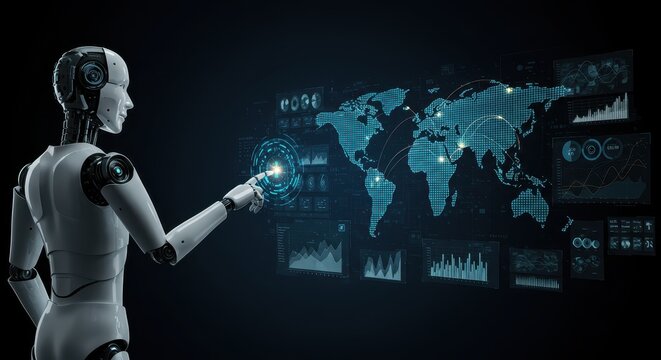 Advanced humanoid robot interacting with futuristic digital interface