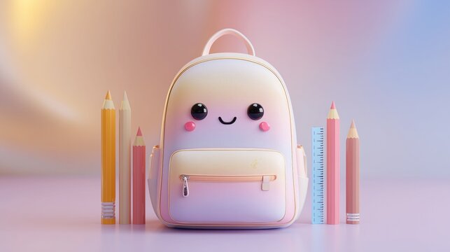 Cute pastel - colored backpack with smiling face, surrounded by pencils and ruler, ideal for back - to - school, education, and children's stationery themes - Powered by Adobe