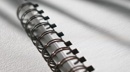 Close - up of a spiral notebook binding on a textured white page, ideal for stationery, office supplies, and minimalist design themes