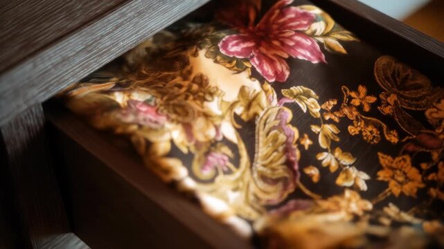 Detail of a partially open wood drawer with a round knob