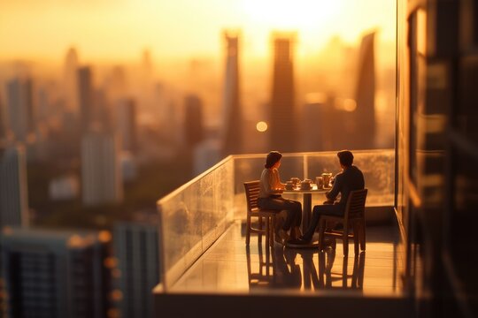 A romantic couple enjoys a sunset dinner on a high-rise balcony overlooking a city skyline.