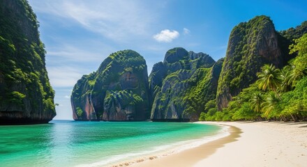 Obraz premium Serene tropical beach with towering limestone cliffs and lush vegetation.