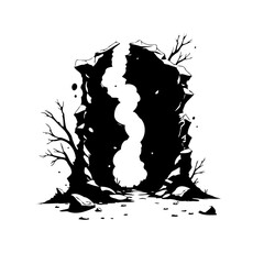 Mysterious stone portal amidst desolate landscape revealing an unknown destination with artistic