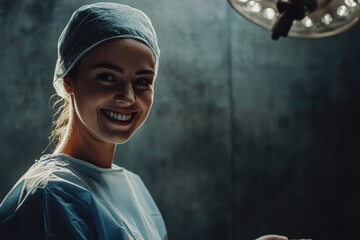 A smiling female surgeon in scrubs and surgical cap, ready for operation in a dimly lit operating room.