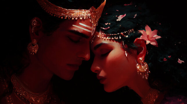 shiva and parvati divine couple close-up illustration, hindu gods in love and devotion, perfect for spiritual artwork, posters, cards and cultural designs