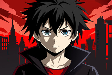 Minimalist black and white vector illustration of an anime boy silhouette with messy hair and sharp features. Perfect for manga, anime artwork, character design, digital art, graphic design projects, 