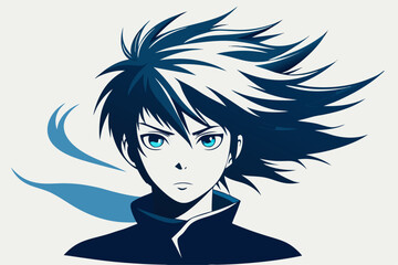 Minimalist black and white vector illustration of an anime boy silhouette with messy hair and sharp features. Perfect for manga, anime artwork, character design, digital art, graphic design projects, 