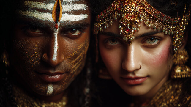 shiva and parvati divine couple close-up illustration, hindu gods in love and devotion, perfect for spiritual artwork, posters, cards and cultural designs