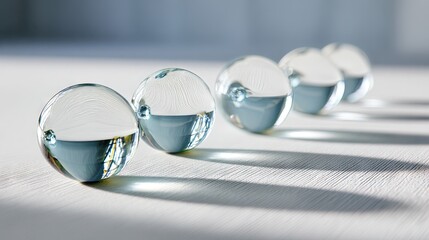 Transparent glass spheres aligned in perspective casting long shadows on white surface, minimalist crystal ball concept for modern abstract design