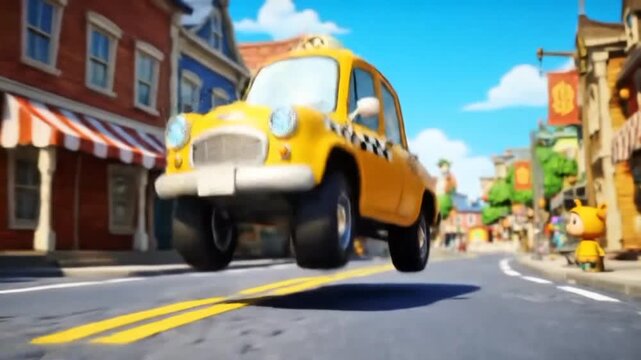 Joyful yellow taxi leaps through a vibrant town, captured in a sunny cartoon scene. A playful illustration depicting a spirited vehicle's airborne adventure. Charming visual of a cab's joyful flight