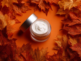 Cosmetic cream in a white jar on an orange background with autumn leaves. 