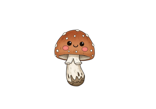 A cute, cartoon mushroom with a reddish-brown cap dotted with white, and a light-brown stem, stands out against a black backdrop.