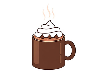 A stylized illustration of a mug filled with steaming hot chocolate topped with whipped cream and chocolate chips.