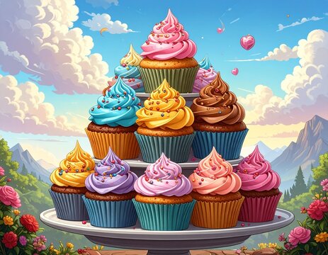 Colorful Cupcake Tower