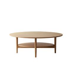 Minimalist wooden coffee table with oval top and lower shelf, functional and elegant design. Isolated on white or transparent background. PNG format.