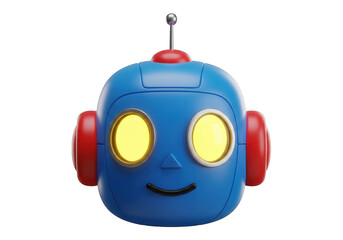 Fototapeta premium Cute blue robot head with yellow eyes isolated on transparent background