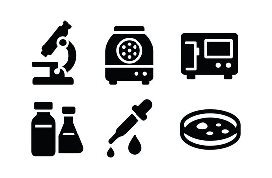 vector solid black filled icons forensic analyst (laboratory instruments): microscope centrifuge spectrometer chemical vials pipette petri dish.