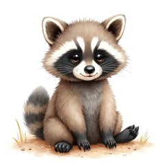 Obraz premium Charming watercolor illustration of cute baby raccoon sitting on sandy ground. Friendly animal distinctive black mask markings, striped tail. Artwork perfect for children books, nature themes, cute