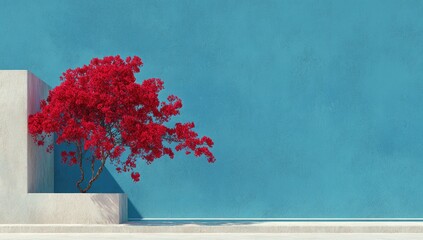 Modern, minimalist scene with a vibrant red flowering tree against a teal wall.  A light beige/gray architectural element supports the plant