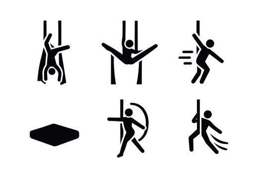 vector solid black filled icons aerial silks (dismount): drop pose silk flare shadow smear highlight rim landing mat motion streak.