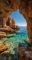 Fototapeta premium Sunlight streams through a rocky cave opening onto a crystal-clear turquoise cove
