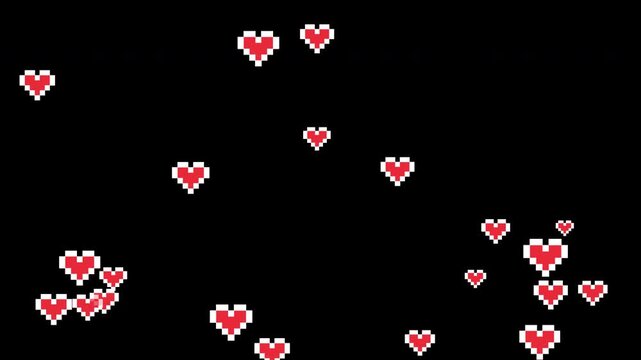 Pixel Heart Flying Up Animated With Alpha Channel. Retro Love, Gaming Romance, And 8-Bit Digital Emotion Motion Graphic. Animation On Transparent Background