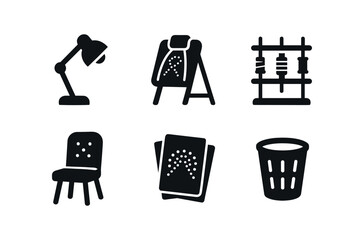 vector solid black filled icons lacemaker (studio corner): work lamp lace stand thread rack padded chair paper patterns waste bin.